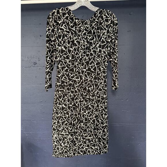 Lauren Ralph Lauren Dress Womens 8 Black White Ruched Wrap Abstract Print Midi - Picture 6 of 6